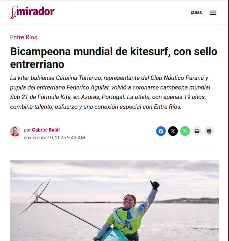 Bicampeona mundial de kitesurf con sello entrerriano